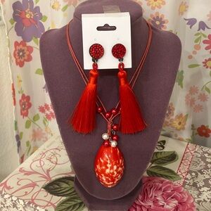 New Orange/Red Egg Shaped Pendant with Red & White Beading and Tassel Earrings
